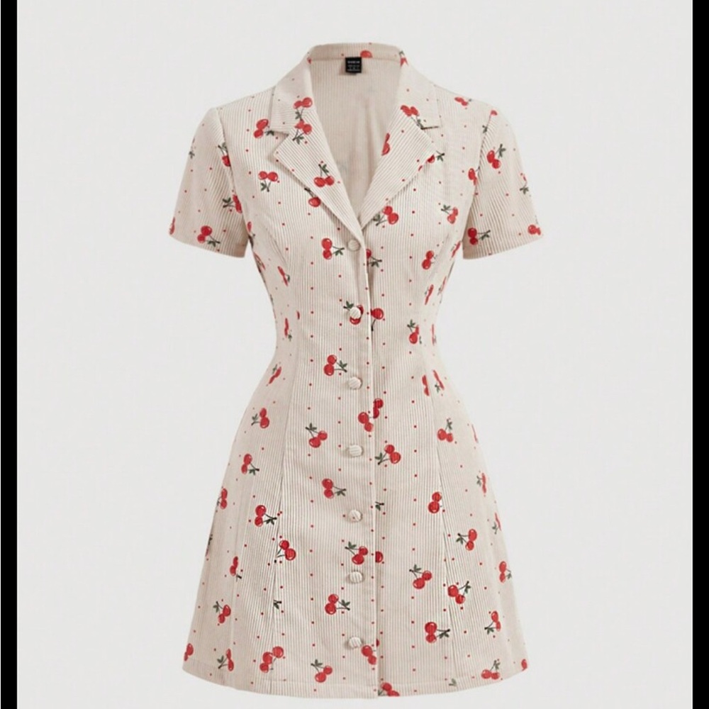 Cherry-Print Cream Mini Shirt Dress